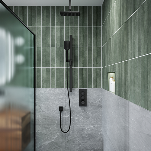 Un espace douche grise et verte avec la robinetterie Kalia noire.